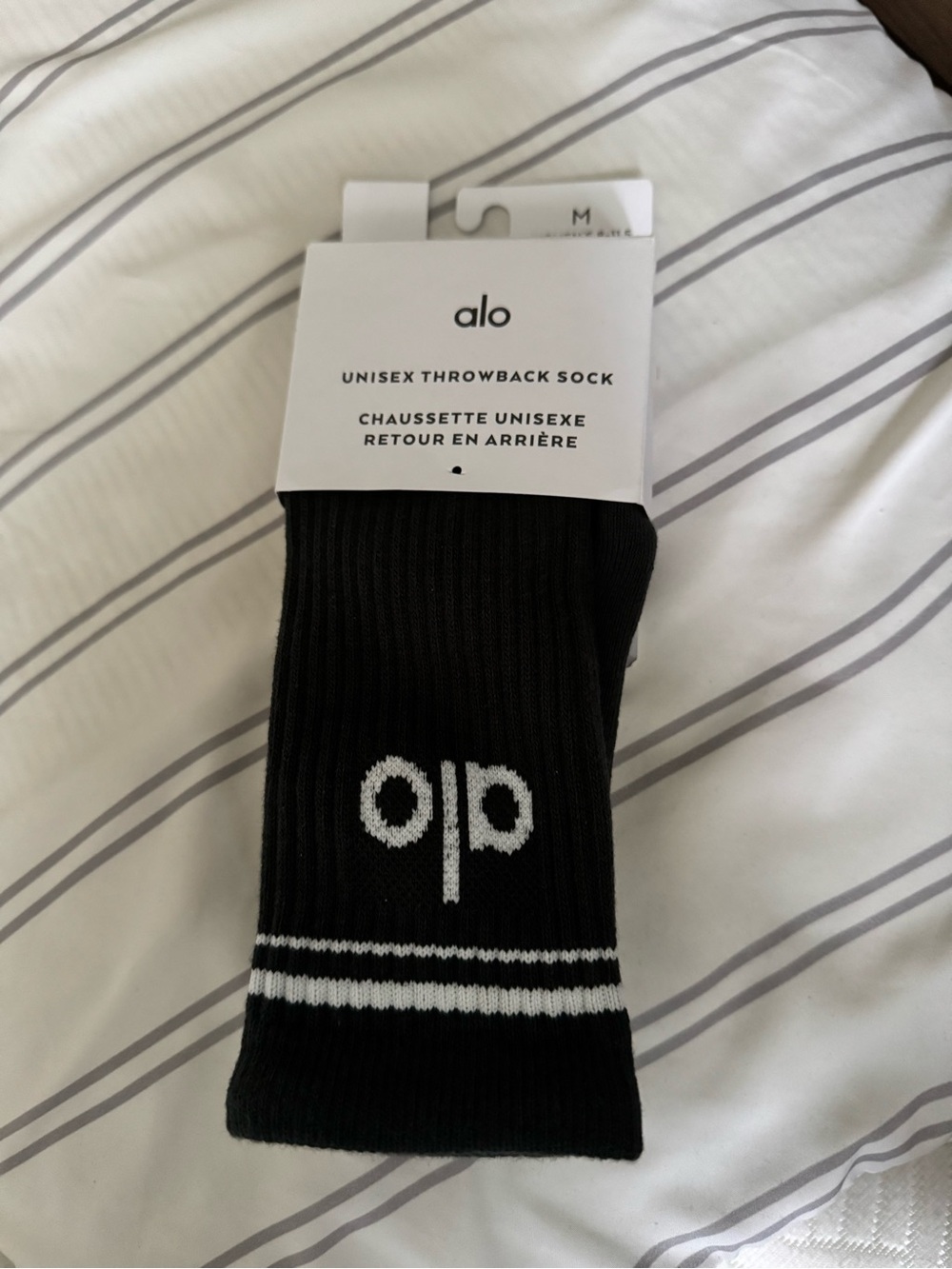 ALO Yoga charcoal green socks with White Logo and Stripes size medium